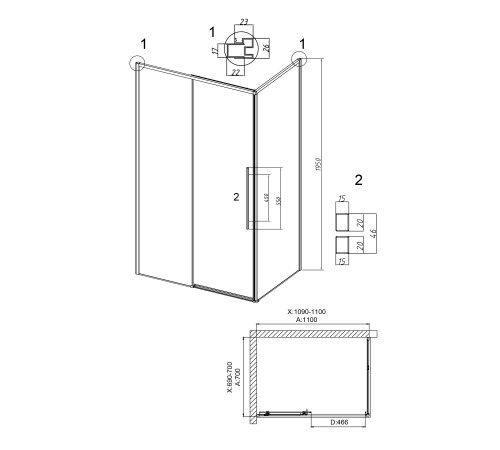 Душевое ограждение Grossman Galaxy 100.K33.01.110.21.00-200.K33.01.70.21.00 (110х70х195) раздвижная,черный матовый,стекло прозрачное