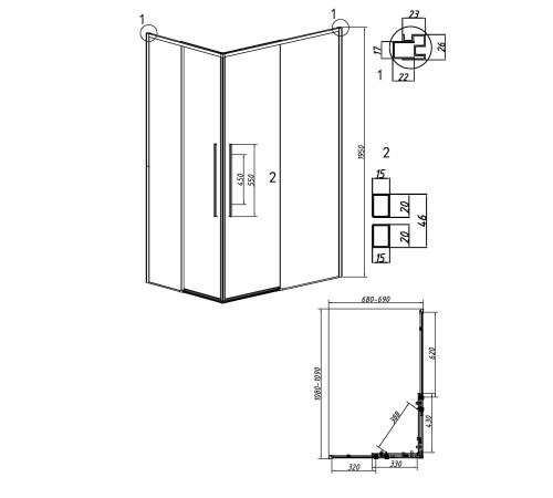 Душевое ограждение Grossman Galaxy 1/2.K33.01.11.21.00-1/2.K33.01.70.21.00 (110х70х195) раздвижная,черный матовый,стекло прозрачное