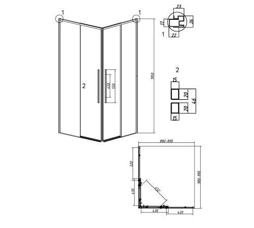 Душевое ограждение Grossman Galaxy 1/2.K33.01.10.21.00-1/2.K33.01.90.21.00 (100х90х195) раздвижная,черный матовый,стекло прозрачное