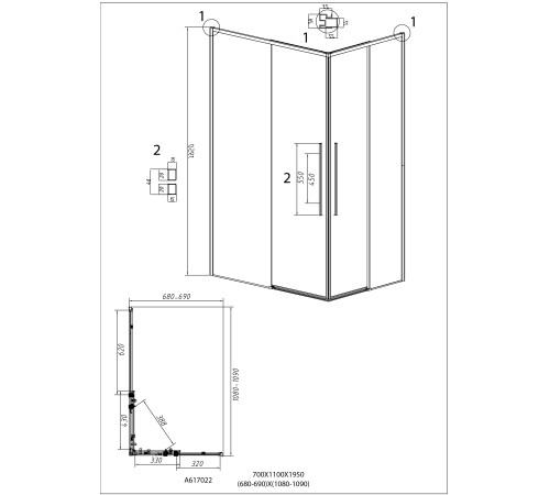 Душевое ограждение Grossman Galaxy 1/2.K33.01.70.21.02-1/2.K33.01.11L.21.02 (70х110х195) раздвижная,черный матовый,стекло шиншилла