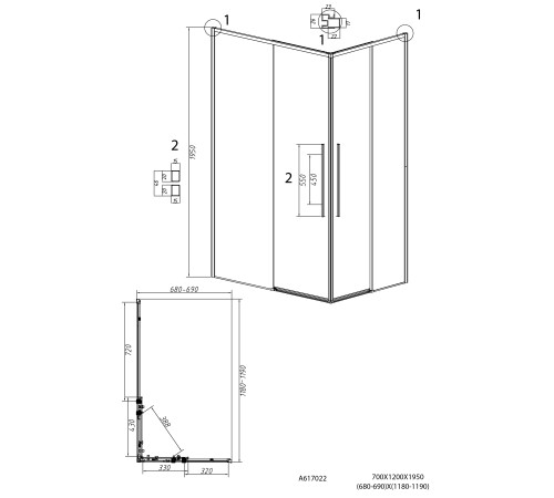 Душевое ограждение Grossman Galaxy 1/2.K33.01.70.21.02-1/2.K33.01.12L.21.02 (70х120х195) раздвижная,черный матовый,стекло шиншилла