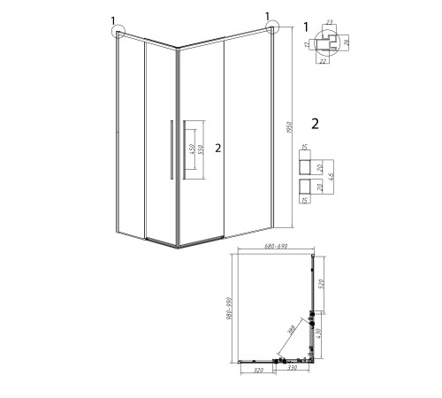 Душевое ограждение Grossman Galaxy 1/2.K33.01.10.42.00-1/2.K33.01.70.42.00 (100х70х195) раздвижная,графит сатин,стекло прозрачное