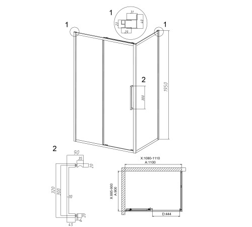 Душевое ограждение Grossman Cosmo 100.K33.02.110.10.02-200.K33.02.90.10.02 (110х90х195) раздвижная(левая) хром, стекло шиншилла