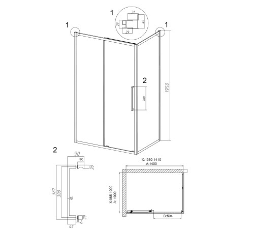 Душевое ограждение Grossman Cosmo 100.K33.02.140.21.00-200.K33.02.100.21.00 (140х100х195) раздвижная,черный матовый,стекло прозрачное