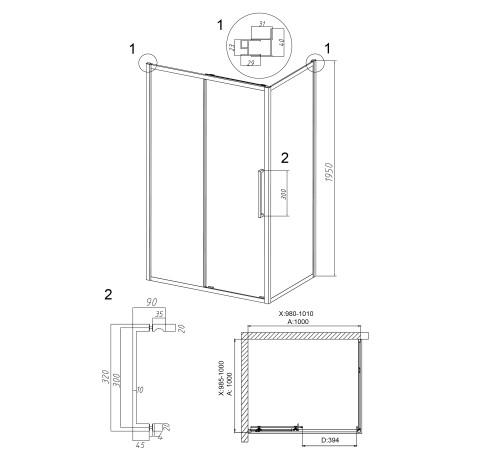 Душевое ограждение Grossman Cosmo 100.K33.02.100.21.10-200.K33.02.100.21.10 (100х100х195) раздвижная,черный матовый,стекло тонированное