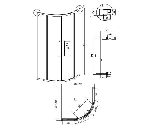Душевое ограждение Grossman Cosmo 301.K33.02.9090.10.00 (90х90х195) четверть круга,раздвижная,хром,стекло прозрачное