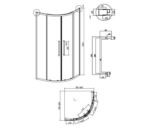 Душевое ограждение Grossman Cosmo 301.K33.02.8080.21.00 (80х80х195) четверть круга,раздвижная,черный матовый,стекло прозрачное