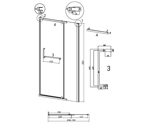 Дверь в нишу Grossman Pragma 100.K33.03.110.21.02 (110х195) черный матовый,стекло шиншилла,распашная
