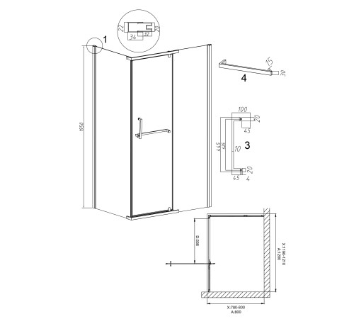 Душевое ограждение Grossman Pragma 100.K33.03.120.42.00-200.K33.03.80.42.00 (120х80х195) распашная,графит сатин,стекло прозрачное