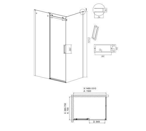Душевое ограждение Grossman Classic 100.K33.04.150.10.00-200.K33.04.70.10.00 (150х70х195) раздвижная,хром,стекло прозрачное