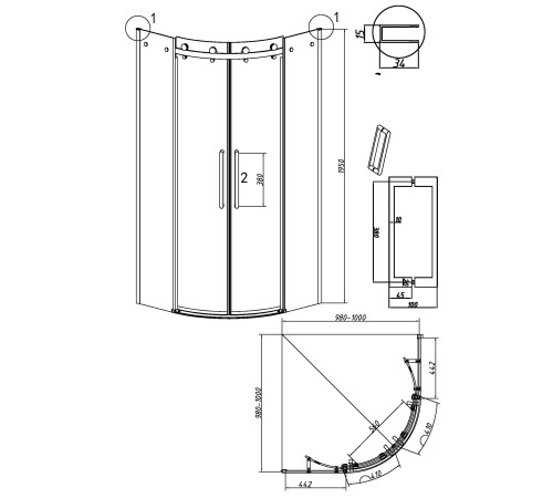 Душевое ограждение Grossman Classic 301.K33.04.9090.21.00 (90х90х195) четверть круга,раздвижная,черный матовый,стекло прозрачное