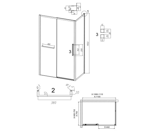 Душевое ограждение Grossman Style 100.K33.05.110.21.10-200.K33.05.70.21.10 (110х70х195) раздвижная,черный матовый,стекло тонированное