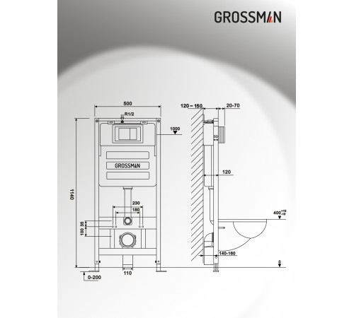 Комплект 3 в 1: Grossman инсталляция 900.K31.01.000+клавиша 700.K31.03.000.000 белый+унитаз GR-4411S