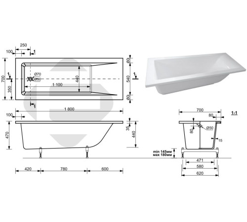 Ванна из искусственного мрамора Aquanet Bright Stone 180x70